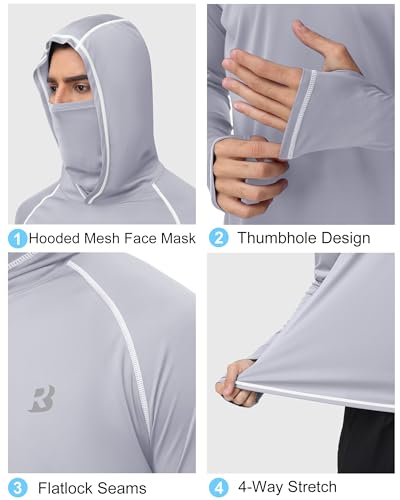 Roadbox UPF 50+ Long Sleeve UV Sun Hoodie with Mask, Light Gray (Large) Rash Guard for Men
