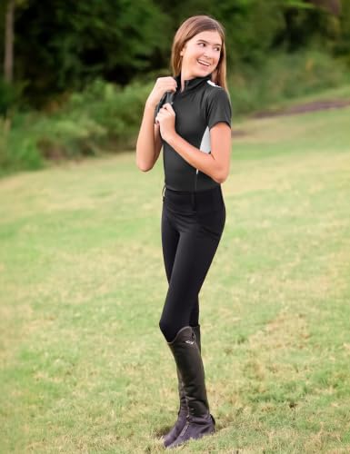 High Waist Equestrian Breeches for Girls - Silicone Grip, 3 Pockets, Medium/Black