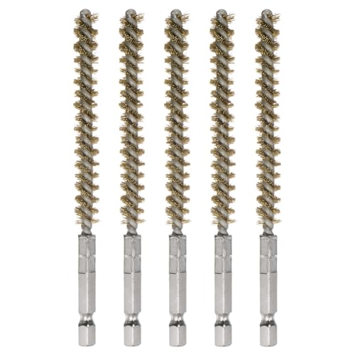 HARFINGTON 5Pcs Bore Brush Brass 8mm Dia Cleaning Twisted Bronze Wire Brush Tube Pipe Cleaner with Handle 1/4 Inch Hex Shank for Tubes, Ports, Bearings