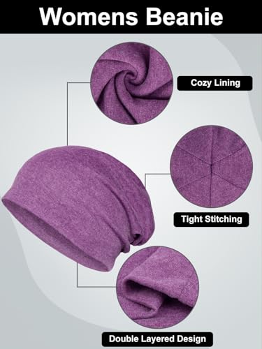 Slouchy Cotton Beanie Hat - Lightweight Unisex Skull Cap - Large Black Purple