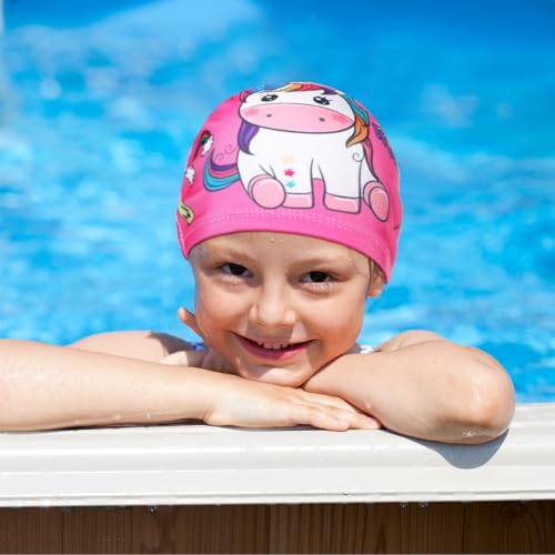 Fourluoo Kids Swim Caps Vibrant Style 4-Pack for Boys Girls Toddler 2-12 Long Short Hair Breathable Elastic Pool Swimming Hat