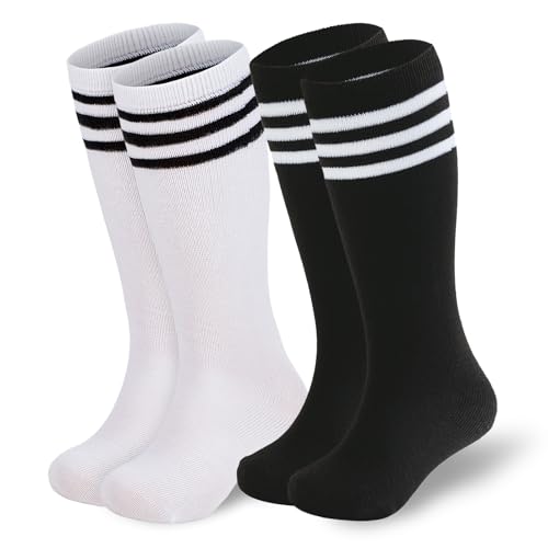 Youth Knee High Athletic Soccer Socks - 2 Pack Black & White (3-6 Years)