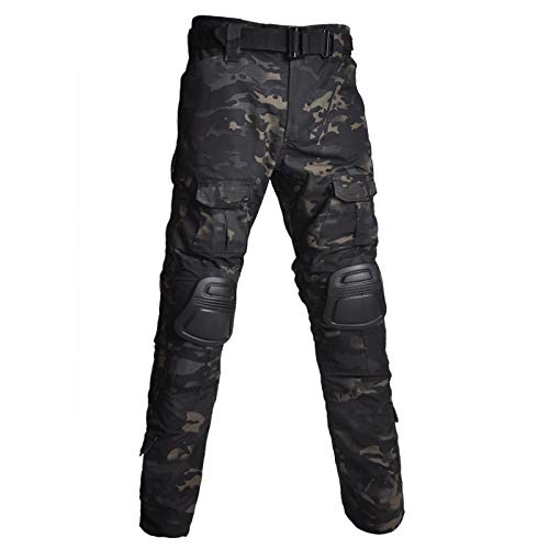 Men's Tactical Military Combat Uniform Set with Knee Pads - Black Camo, X-Large