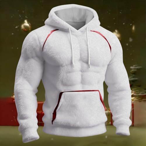 Men's 3D Muscle Print Hoodie - Plush Fleece Pullover, XX-Large White