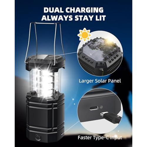 4 Pack Solar Camping Lantern with 1600mAh Rechargeable Battery, 30-Hour Runtime, 360¡Æ LED Tent Light & Super Bright Flashlight, Compact & Portable for Hiking, Emergency, Outdoor