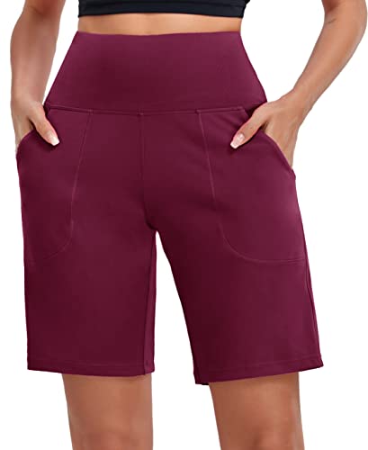 High Waisted Bermuda Workout Shorts - 10" Burgundy - Small