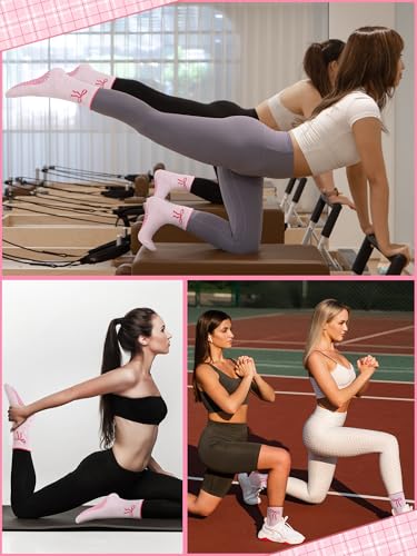 Pilates Grip Socks for Women - Non-Slip, 3 Pairs, Pink Bow