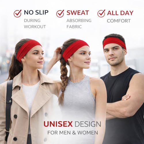 Soft Cotton Stretchy Headband - Non-Slip Sweat Band - Red