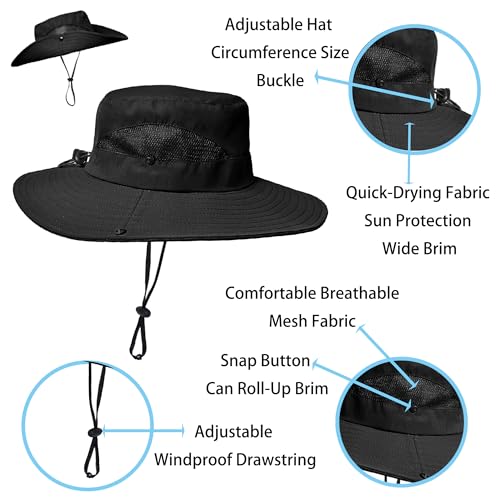 Kids' Wide-Brim Mesh Sun Hat for Safari and Fishing - Black, 7-14 Years