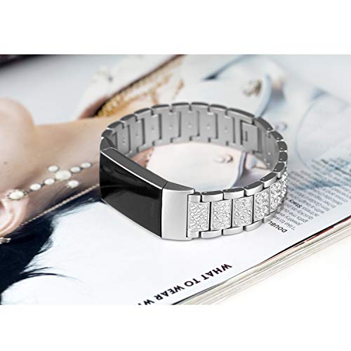 Mtozon Silver Rhinestone Bling Bands for Fitbit Charge 6/5 Dressy Metal Wristband