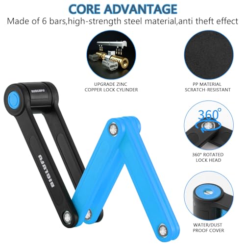 BIGLUFU Blue Folding Bike Lock 86cm with 4 Keys, Heavy-Duty Alloy, Mount & Straps
