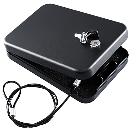 Portable Travel Pistol Safe - Key Lock Gun Storage Box (9.4" x 6.4" x 1.8")