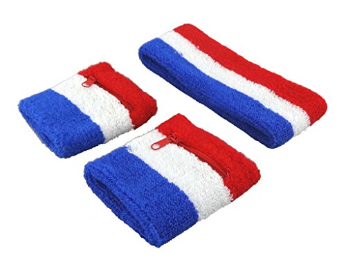3-Piece Sweatband Set with Zipper Wrist Wallets - USA Pattern