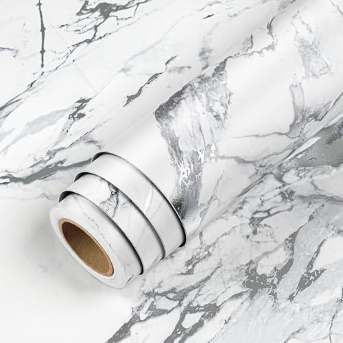 LACHEERY Silver Grey White Marble Contact Paper Matte Countertop Vinyl Wrap Waterproof White Marble Countertop Covers Peel and Stick Wallpaper for Kitchen Countertops Cabinets Wall Paper Roll 15.8x79