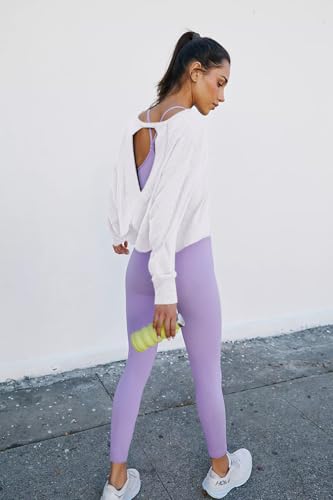 LASLULU Women's White Small Open Back Long Sleeve Athletic Crop Top for Workout