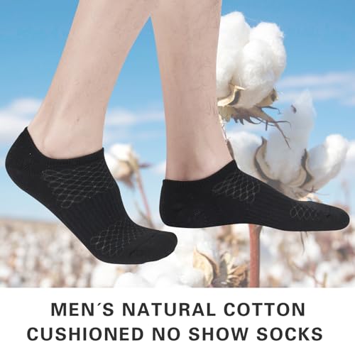 Mens Cotton Cushioned No Show Socks Medium-Large 6 Pairs Black - Athletic Low Cut Socks