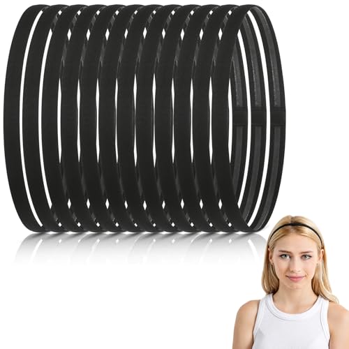12 Pcs Non-Slip Elastic Headbands for Sports - Black