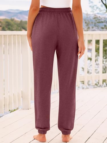 AUTOMET Women's High Waisted Lounge Sweatpants Jogger Pants with Pockets - Large Wine Red