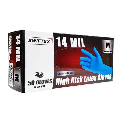 Heavy Duty Thick Latex Gloves, 14mil, Blue, Industrial, Powder Free, 12" Length, Textured, Multi-Purpose, Box of 50