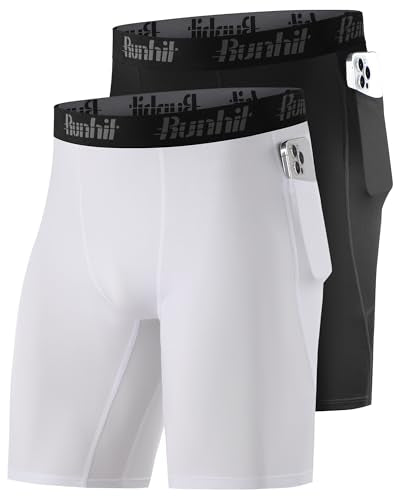 Runhit Men's Compression Shorts with Pockets 9" Black & White Medium - Athletic Workout Base Layer