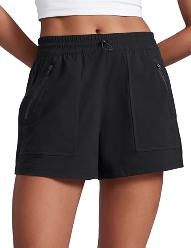 CRZ YOGA High Waisted Cargo Hiking Shorts 3" - Water-Resistant, Breathable, Quick Dry, Black, Medium