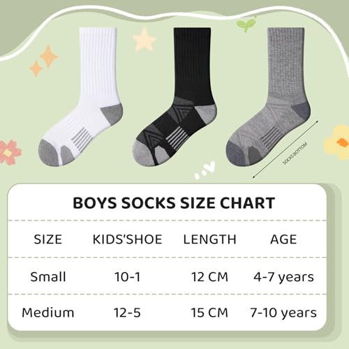Comfoex Kids' Athletic Crew Socks 10 Pairs for Boys 4-10 Years, Black, Cushioned Sole
