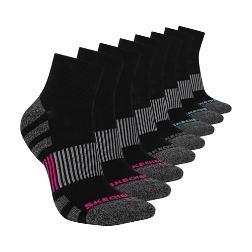 Skechers Women's 8-Pack Work Collection Crew Socks with Extra Cushion & Mesh Ventilation, Size 9-11, Black/Pink Glo/Bluefish