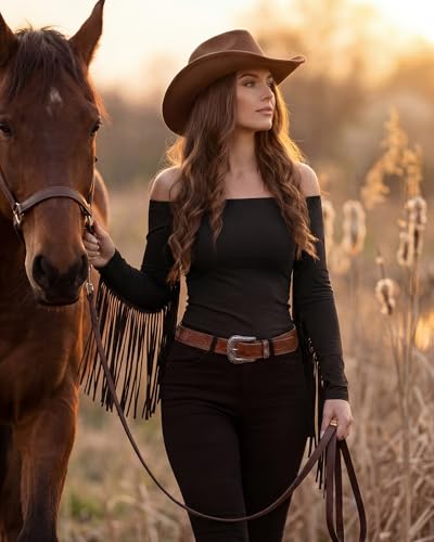 Women Large Black Fringe Western Cowgirl Shirt Off Shoulder Fitted Top