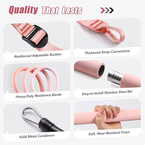 Pilates Bar Kit with Resistance Bands - Rose Pink for Full-Body Workouts