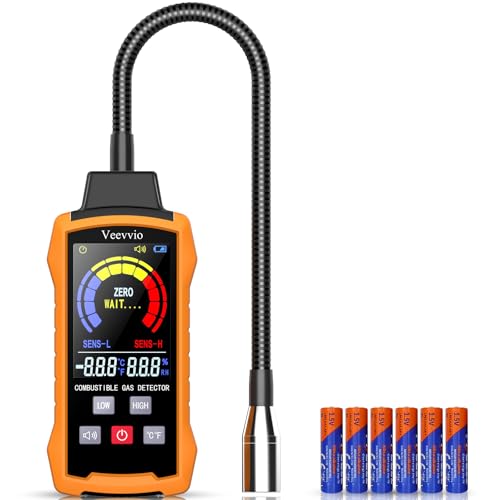 Natural Gas Leak Detector, Veevvio Gas Detector with Audible & Visual Alarm, Gas Sniffer with 11-Inch Gooseneck to Locate Combustible Sources Like Propane Methane for Home and RV (Includes Battery x6)