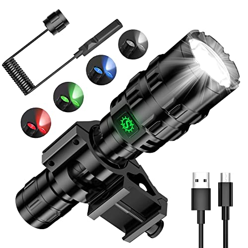 Tactical Flashlight,1600LM Light for 984FT Beam Distance, IP65 Waterproof Level 5 Lighting Modes Picatinny Flashlight with Remote Pressure Switch, Red,White,Bule,Green Light for Hunting