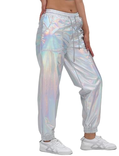 ABEHIK Large Silver Women's Wide Leg Metallic Sparkle Cargo Pants High Waist Joggers