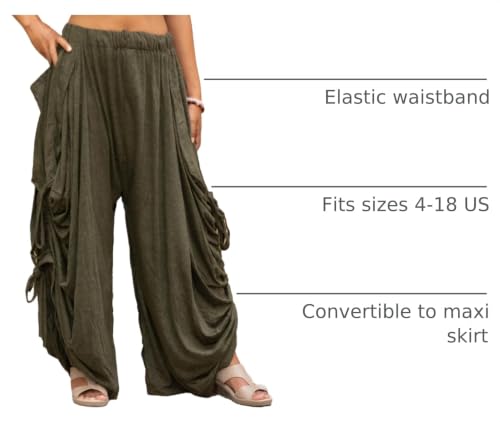 Thaluta Women's Olive Wide Leg Palazzo Pants - Convertible Maxi Skirt with Pockets, One Size