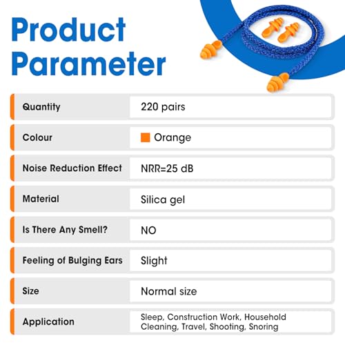 AZEN 220 Pairs Silicone Ear Plugs, Reusable Earplugs for Noise Reduction, 25dB NRR Corded Ear Plug for Sleeping Noise Cancelling, Ear Plug with String Individual Packing