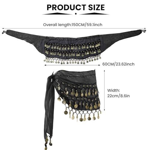Belly Dance Hip Scarf with Sequins and Coins - Black