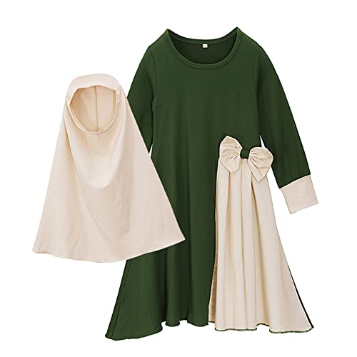 Toddler Girls Islamic Dress Abaya Set with Bow Hijab - C-Green / 4-5T