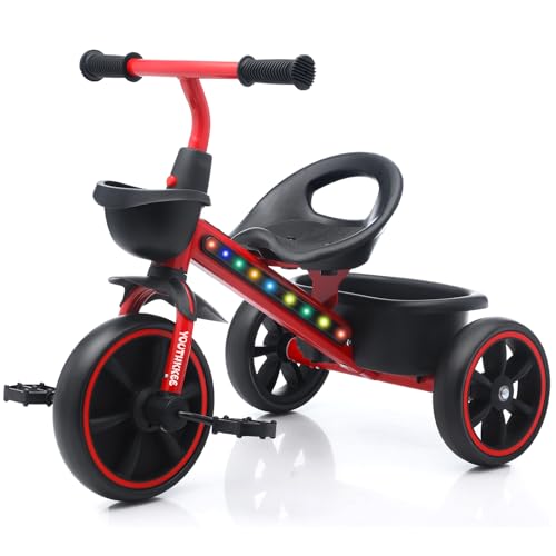 Youthkkee Red Toddler Tricycle for 1-3 Years with Tri-Light, Indoor & Outdoor Use