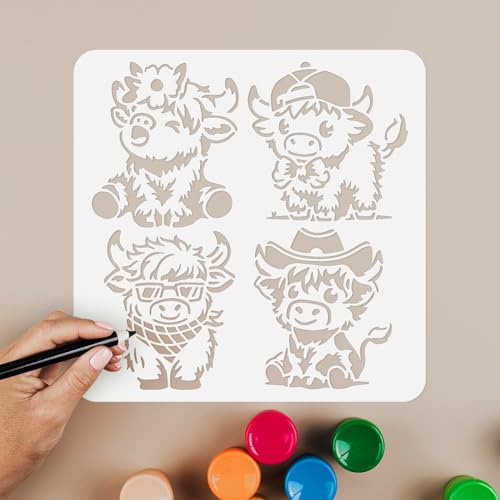 4 Styles Cartoon Highland Cow Stencil for Painting, 11.8"x11.8" Reusable Cute Animal Stencil Drawing Template, DIY Craft Paint Template for Wall Home Decor Wood Burning Card Farmhouse Fabric