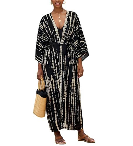 Women’s Colorful Kimono Cover Up Long Beach Dress One Size Black-Beige-Yellow