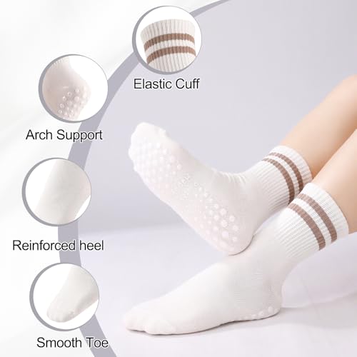 Non-Slip Pilates Grippy Socks for Women - One Size, 4 Pairs - Coffee, Brown, Khaki, White