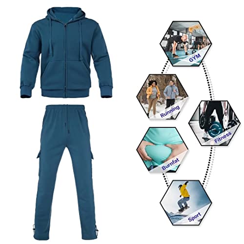 Bellnorth Men's XXL Teal Fleece Tracksuit Sets with Full Zip Hoodie and Cargo Sweatpants