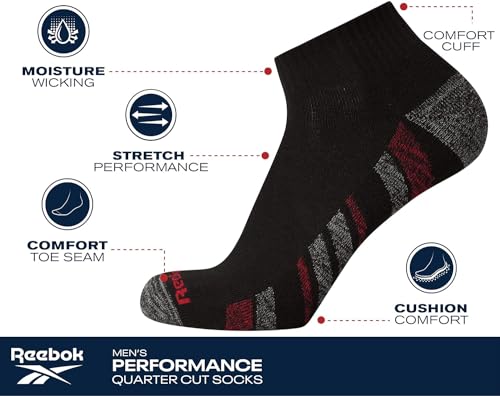 Reebok Men's Quarter Socks 6 Pack White Arch Support Cushioned Athletic Socks