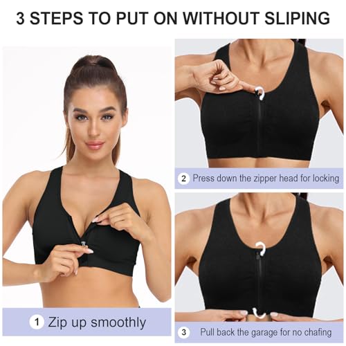 Zip Front Sports Bra for Women - Wireless Mastectomy Bra - Large Black+Grey 2 Pack