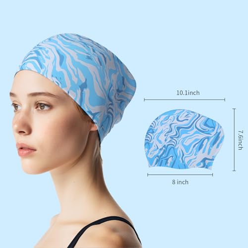 Silicone Swim Cap for Women - Stylish Marble Print, 2 Pack - Blue & Green