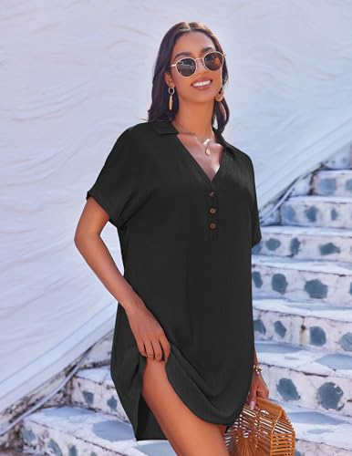Beach Cover Up Dress Shirt for Women - Short Sleeve, Black, Large