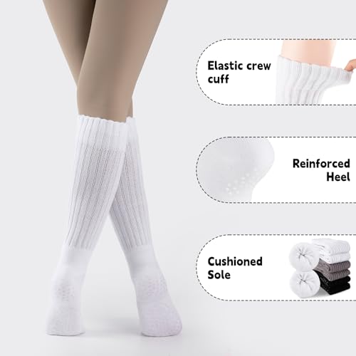 Grip Pilates Socks for Women - 3 Pairs Scrunch Crew Socks - White/Grey/Black