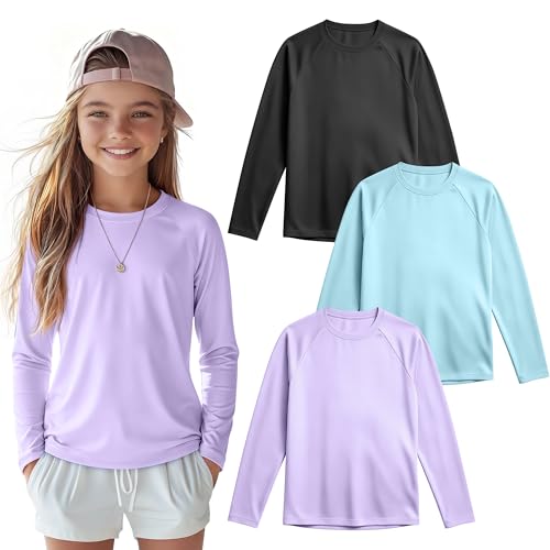 Girls' Long Sleeve Sun Shirts - 3 Pack Rash Guard 13-14Y Black, Light Blue, Light Purple