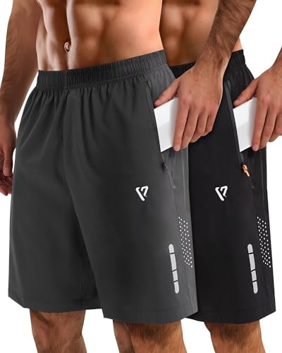 FIONECA Men's 2 Pack Athletic Shorts - Medium Black & Dark Gray, 7-Inch Quick Dry Gym Running Mesh Shorts with Zipper Pockets