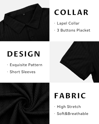 Mens Textured Polo Shirt - Short Sleeve Golf Shirt - Large - Black