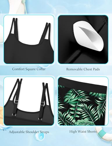 Girls 2-Piece Tankini Swimsuit with Printed Shorts - Black, 15-16 Years